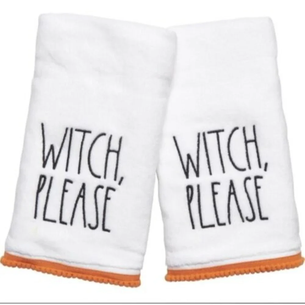 Rae Dunn Halloween WITCH PLEASE 2 Hand Towels w Black Lettering & Orange Trim